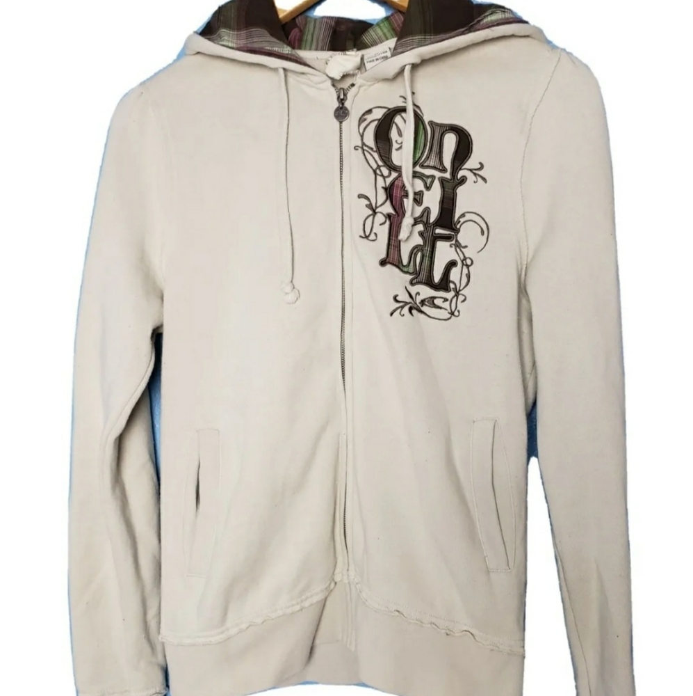 O'neill zip up plaid hoodie graphic beaded girls jacket bird tree design pockets